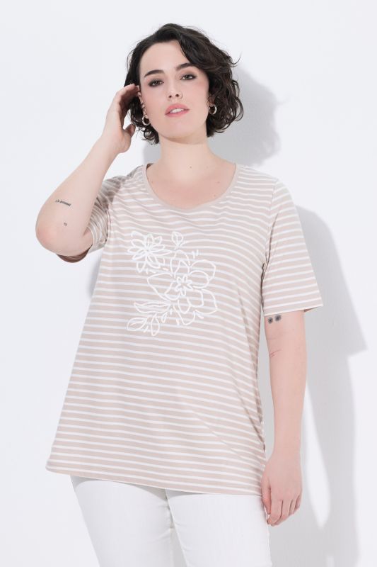 Striped Flower Embroidered Short Sleeve Tee