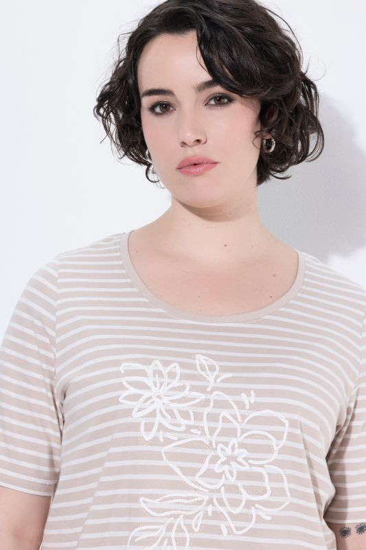 Striped Flower Embroidered Short Sleeve Tee