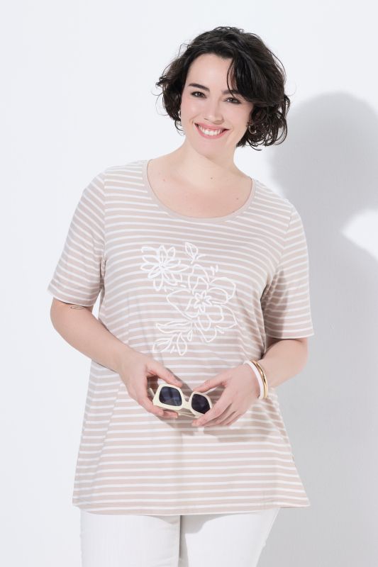 Striped Flower Embroidered Short Sleeve Tee
