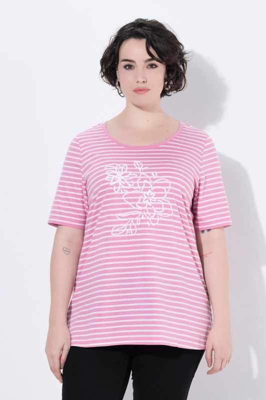Striped Flower Embroidered Short Sleeve Tee