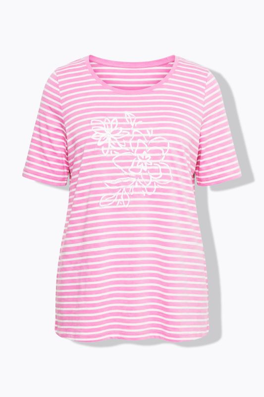 Striped Flower Embroidered Short Sleeve Tee