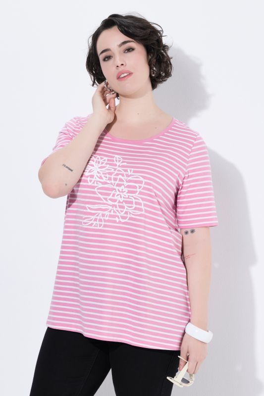 Striped Flower Embroidered Short Sleeve Tee