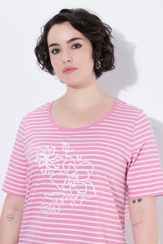 Striped Flower Embroidered Short Sleeve Tee