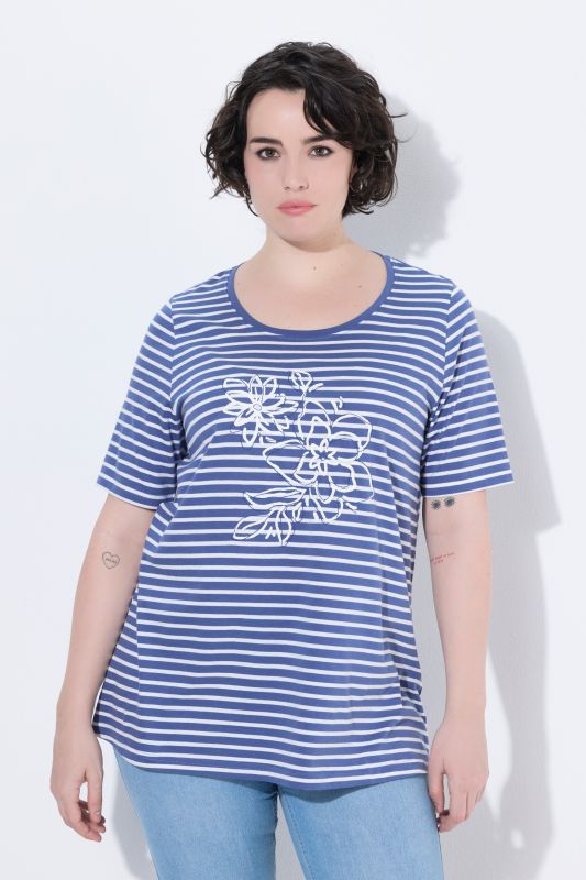 Striped Flower Embroidered Short Sleeve Tee