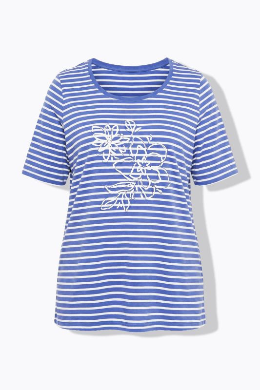 Striped Flower Embroidered Short Sleeve Tee