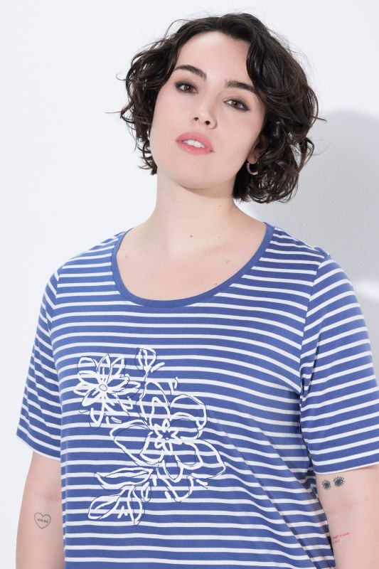 Striped Flower Embroidered Short Sleeve Tee