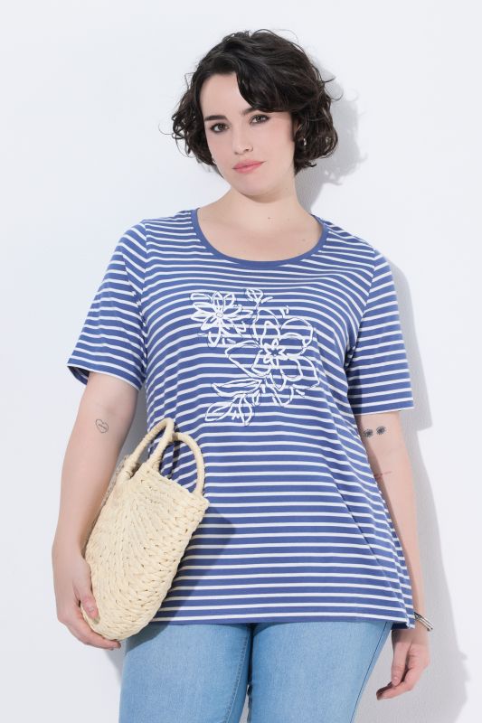 Striped Flower Embroidered Short Sleeve Tee