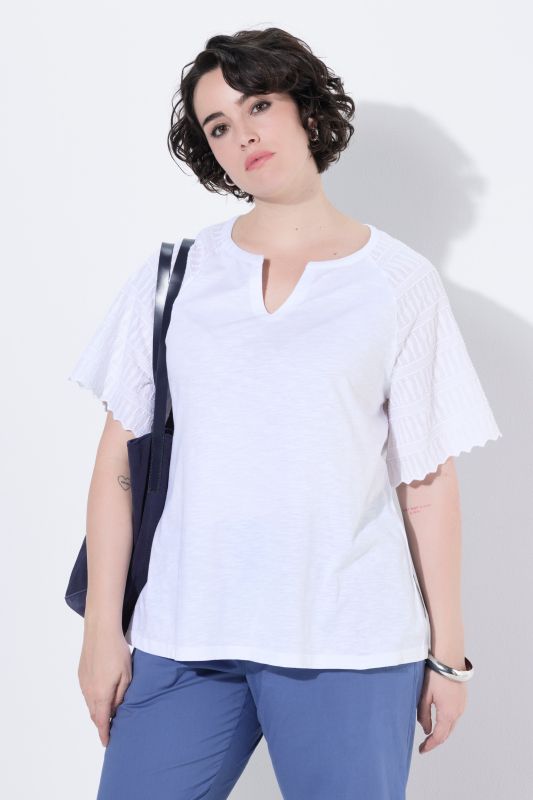 Textured Sleeve Split Neck Tee