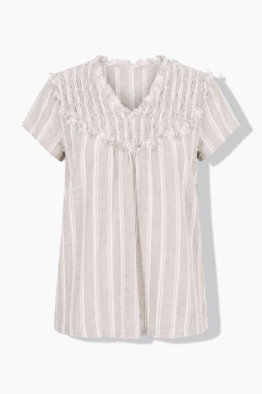 Smocked Raw-Cut Striped Linen Blend Blouse