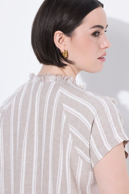 Smocked Raw-Cut Striped Linen Blend Blouse