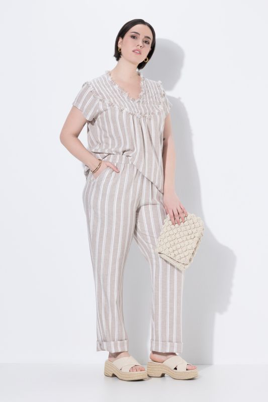 Striped Elastic Waist Linen Blend Pants
