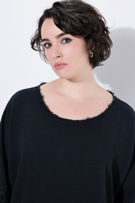 Textured Oversized Lace Trim Muslin Blouse