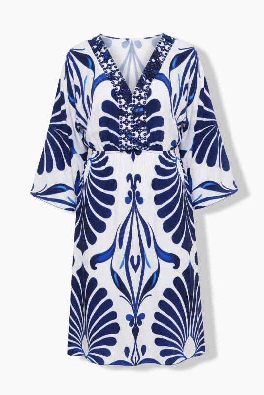 Ornamental Print Embellished A-Line Dress