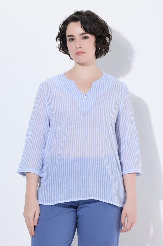 Striped Split Neck Cotton Crepe Blouse
