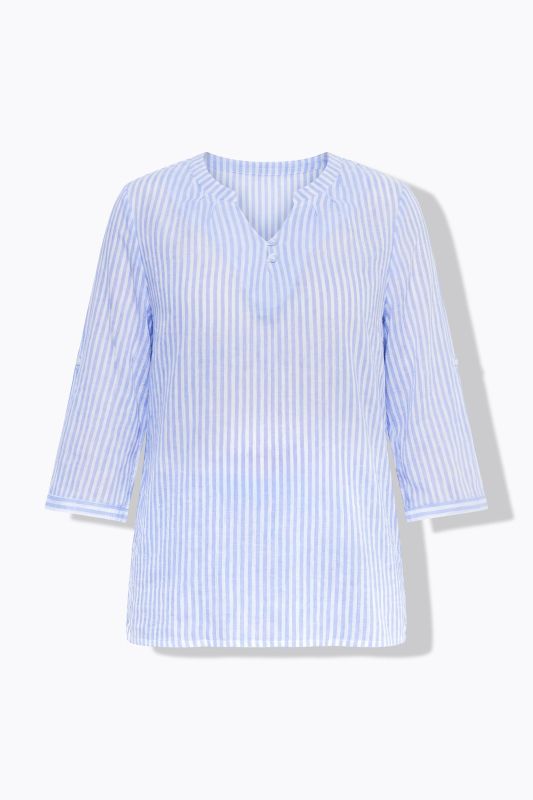Striped Split Neck Cotton Crepe Blouse