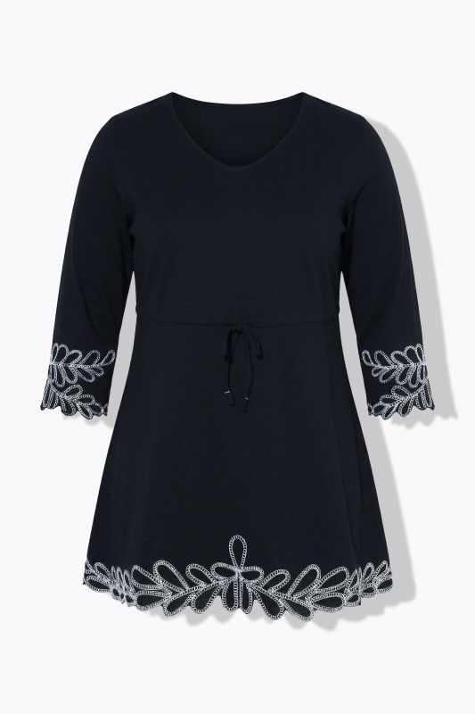 Eco Cotton Contrast Embroidered Drawstring Waist Knit Tunic