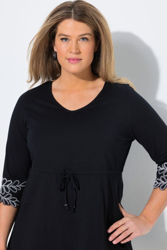 Eco Cotton Contrast Embroidered Drawstring Waist Knit Tunic