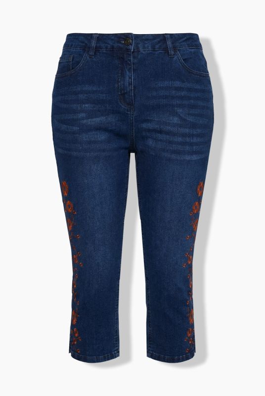 Floral Embroidered Stretch-Fit Denim Capris