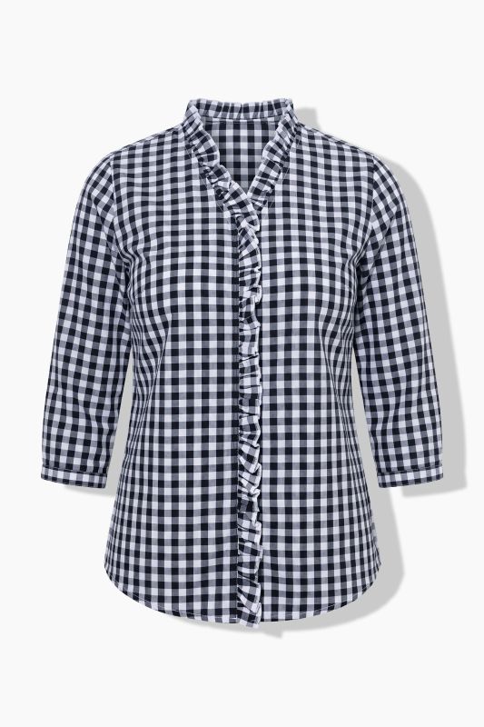 Checked Ruffle Trim 3/4 Sleeve Button-Down Shirt