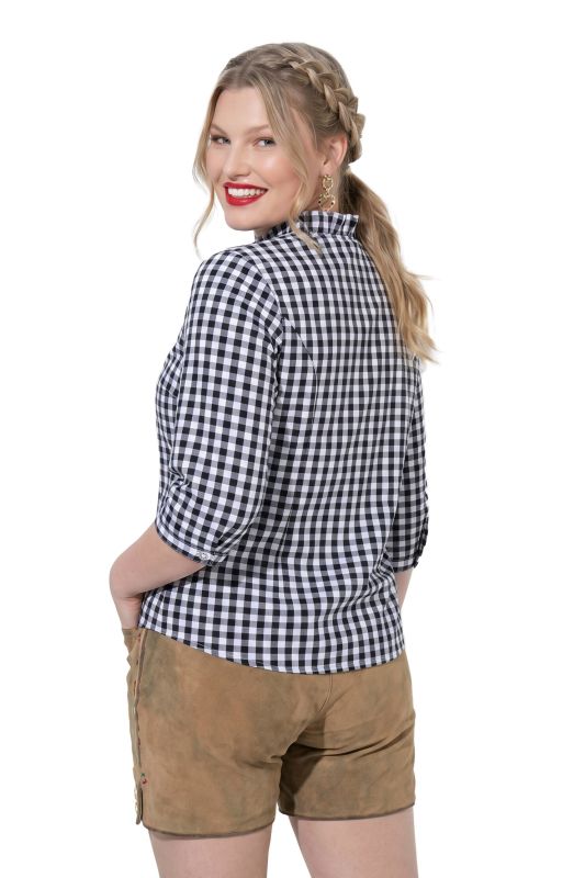 Checked Ruffle Trim 3/4 Sleeve Button-Down Shirt
