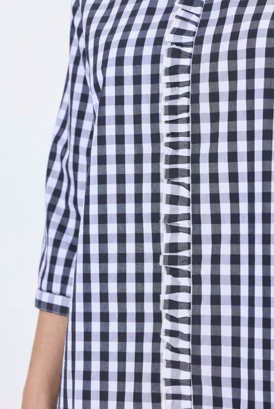 Checked Ruffle Trim 3/4 Sleeve Button-Down Shirt