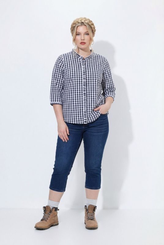 Checked Ruffle Trim 3/4 Sleeve Button-Down Shirt