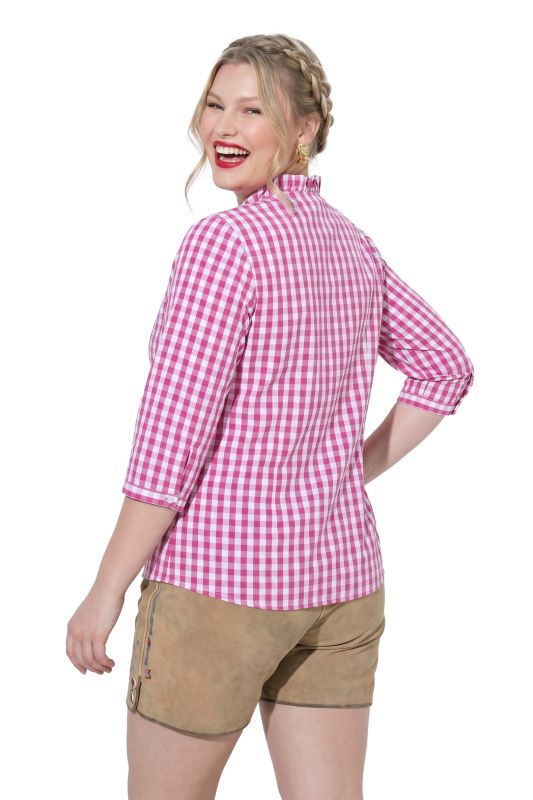 Checked Ruffle Trim 3/4 Sleeve Button-Down Shirt