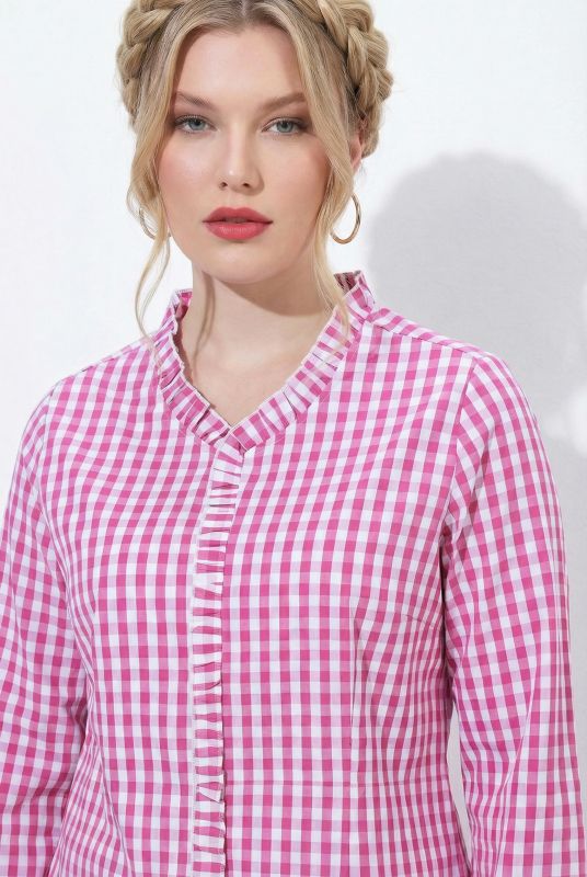 Checked Ruffle Trim 3/4 Sleeve Button-Down Shirt