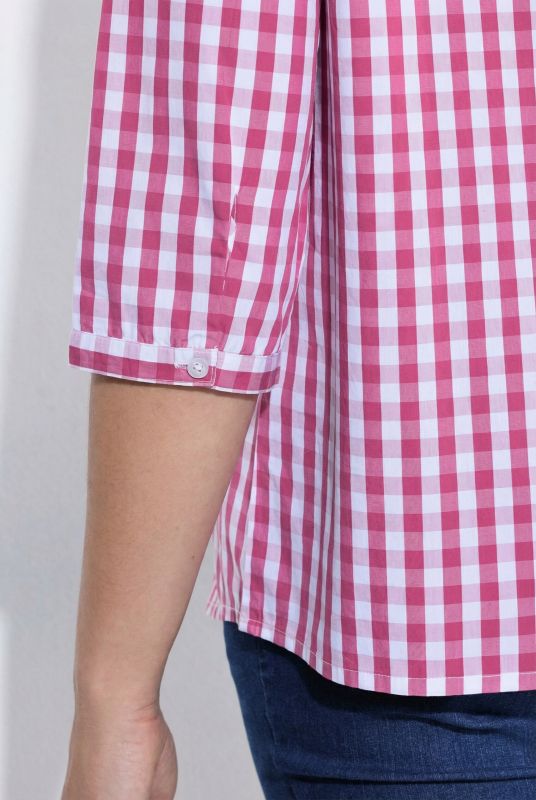 Checked Ruffle Trim 3/4 Sleeve Button-Down Shirt