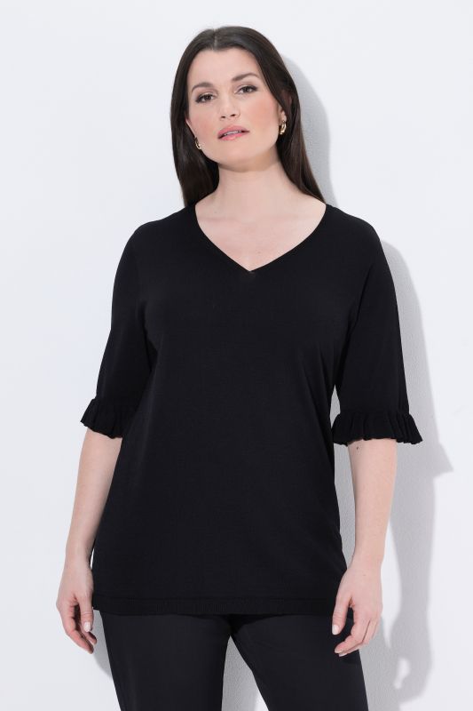 Ruffle Cuff 3/4 Sleeve V-Neck Sweater