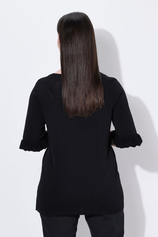 Ruffle Cuff 3/4 Sleeve V-Neck Sweater