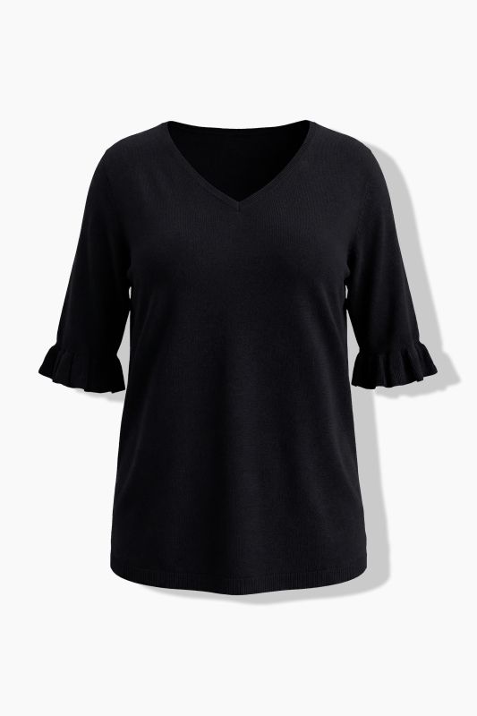 Ruffle Cuff 3/4 Sleeve V-Neck Sweater