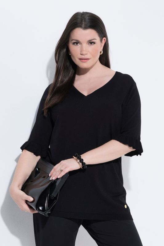 Ruffle Cuff 3/4 Sleeve V-Neck Sweater