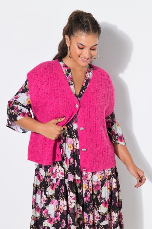 Openwork Knit V-Neck Button Vest