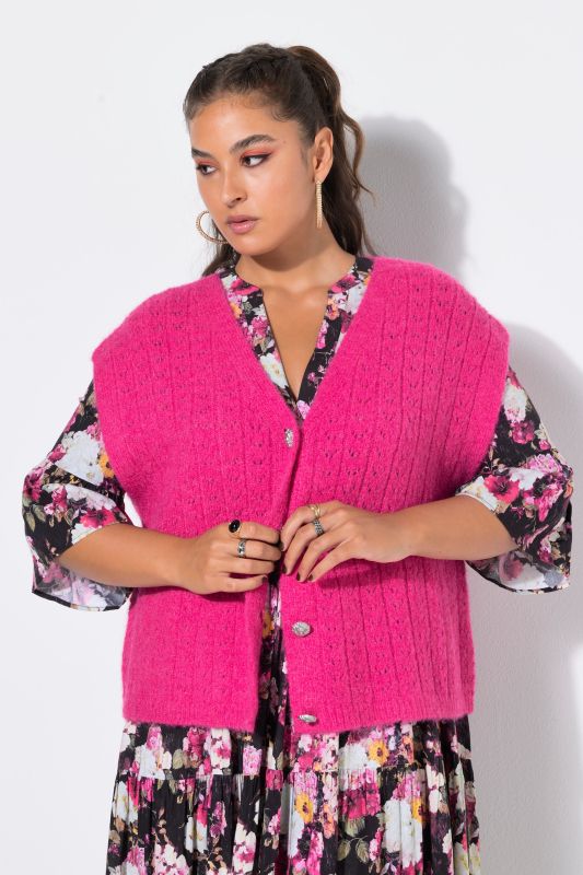 Openwork Knit V-Neck Button Vest