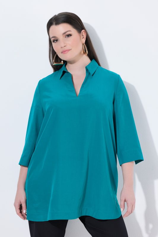 Collared 3/4 Sleeve Lyocell Tunic Blouse