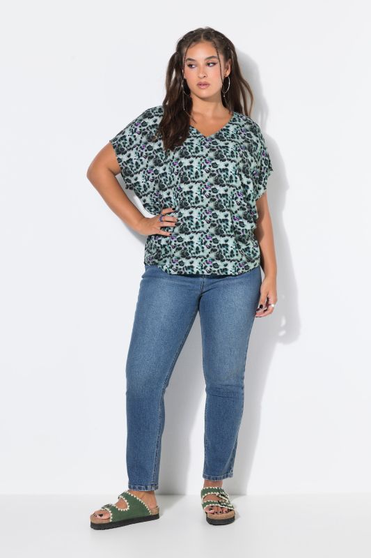 Colorful Leopard Print Cap Sleeve Blouse