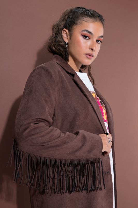 Faux Leather Fringed Sleeve Blazer