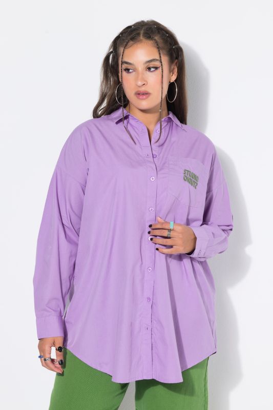 Embroidered Studio Logo Oversized Button Down Tunic Blouse