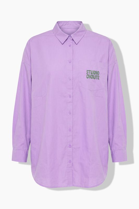 Embroidered Studio Logo Oversized Button Down Tunic Blouse