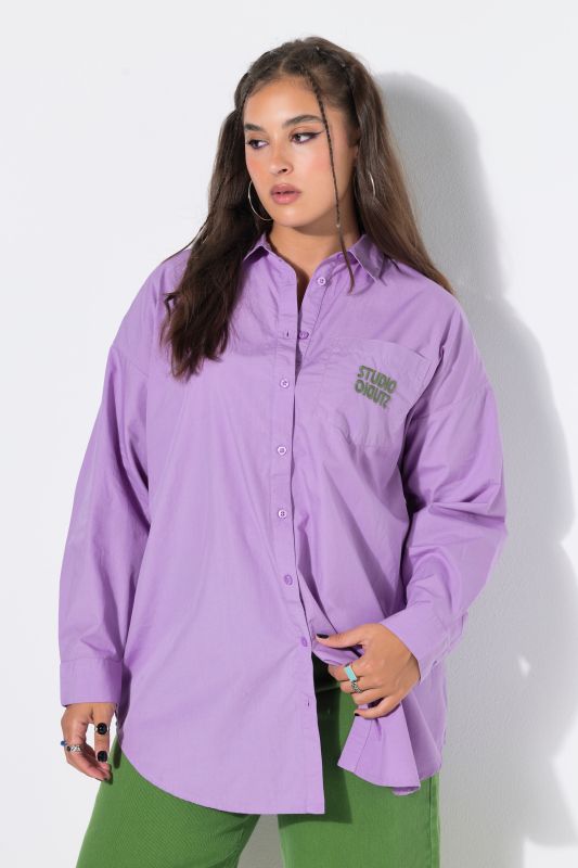 Embroidered Studio Logo Oversized Button Down Tunic Blouse