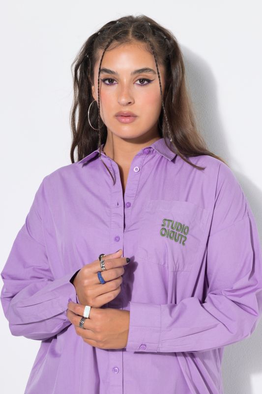 Embroidered Studio Logo Oversized Button Down Tunic Blouse
