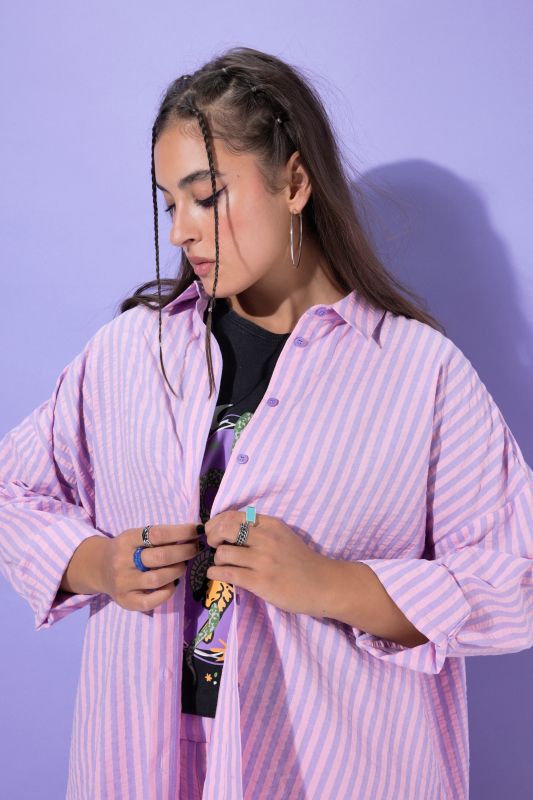 Pastel Seersucked Oversized Tunic Blouse