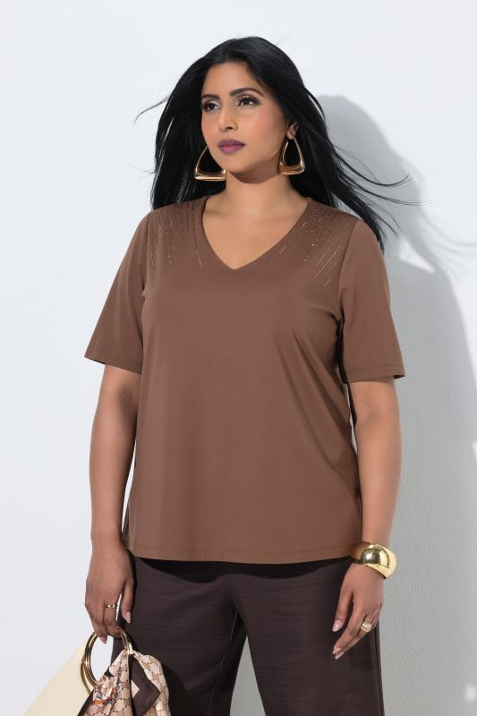 Metallic Beaded Short Sleeve V-Neck Tee