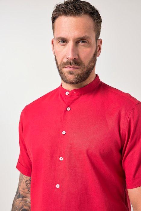 Shirt, short-sleeved, linen blend, stand-up collar, modern fit