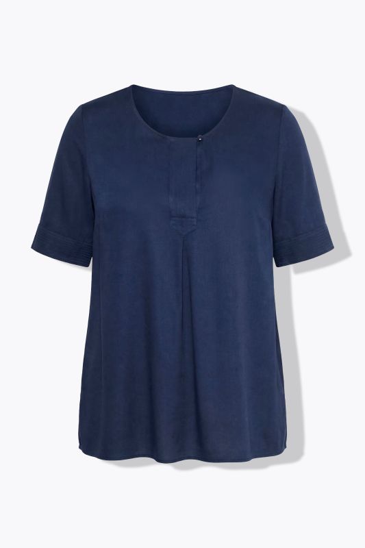 Quilted Placket Round Neck Short Sleeve Blouse