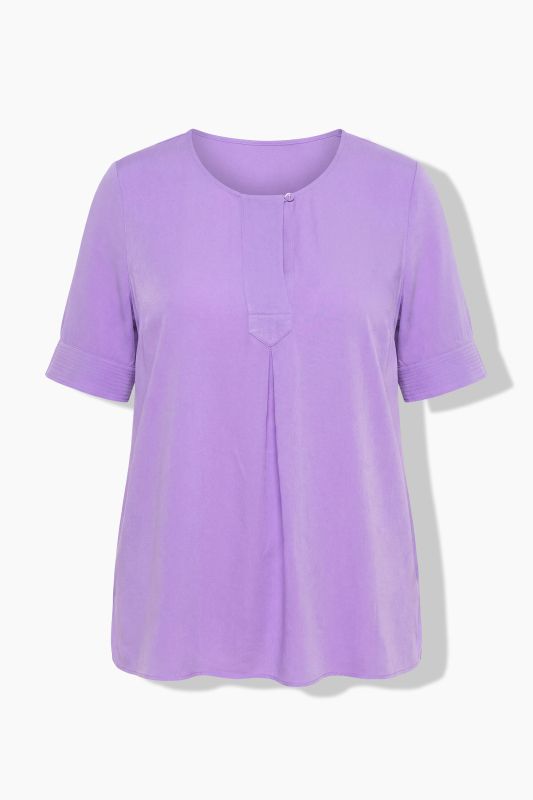Quilted Placket Round Neck Short Sleeve Blouse