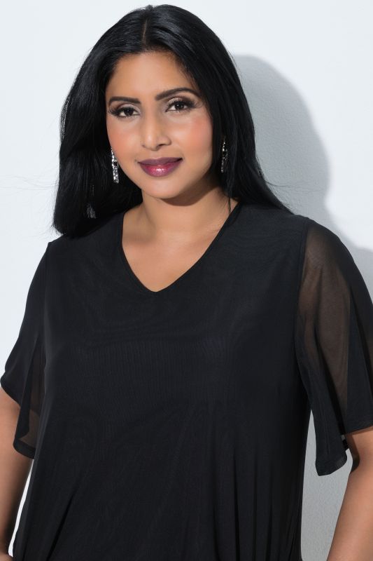 Layered Mesh Elastic Hem T-Shirt Blouse