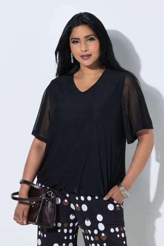 Layered Mesh Elastic Hem T-Shirt Blouse