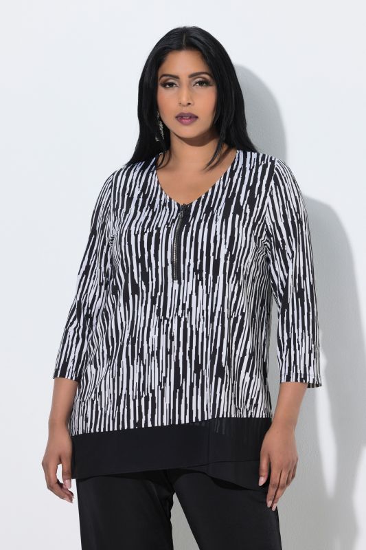 Striped Zip-Front 3/4 Sleeve T-Shirt Blouse